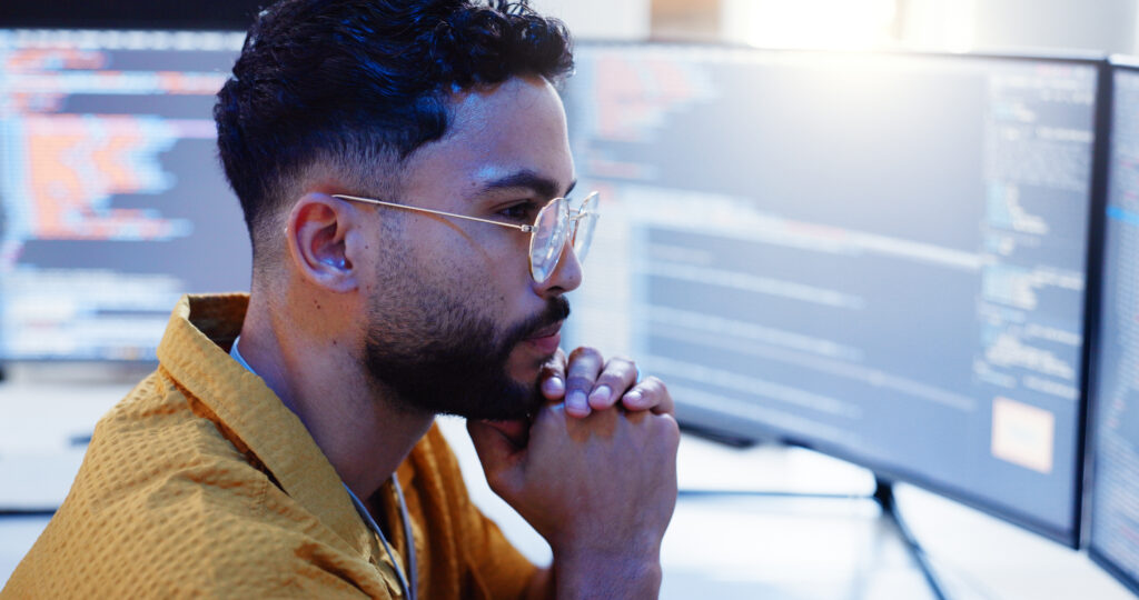 serious man and coding with computer screen for c 2024 08 13 00 22 13 utc